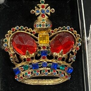 Vintage Gold Tone Red Rhinestone Crown Brooch Pendant Large 2"